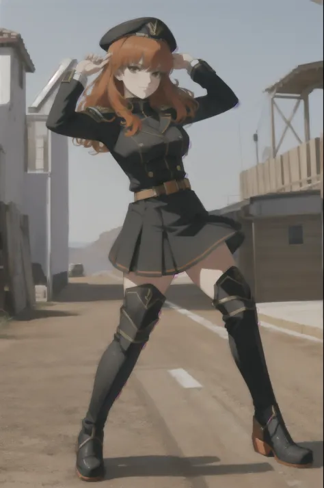masterpiece, high quality, best quality, 1girl, (muscular female:1.0), (super gigantic breasts:1.0), (closed mouth, half smile), orange hair, hairclip, black militar uniform, skirt, militar hat, black thigh boots, anime screencap, (fully clothed:1.0), full...