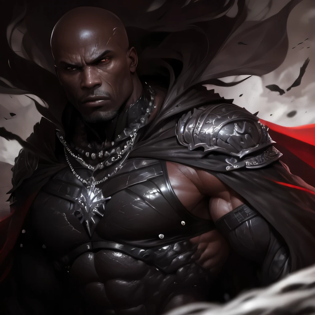 (best quality,4k,8k,highres,masterpiece:1.2), ultra-detailed, (realistic,photorealistic,photo-realistic:1.37), Black man, muscular body, strong and defined muscles, powerful broad shoulders, intense gaze, piercing eyes, chiseled defined jawline, bald head, imposing presence, evil and menacing expression, dark complexion, black armor, shiny and reflective surface, intricately designed, protective layers, sturdy and impenetrable, broad and flowing black cape, billowing in the wind, adding a dynamic effect, dramatic lighting, deep shadows and highlights, emphasizing the muscular physique and fierce expression, dark and intense color palette, predominantly black with hints of red and silver, adding a sense of danger and mystery, intense and ominous atmosphere, creating a sense of tension and suspense, capturing the dark and ominous essence of the character.