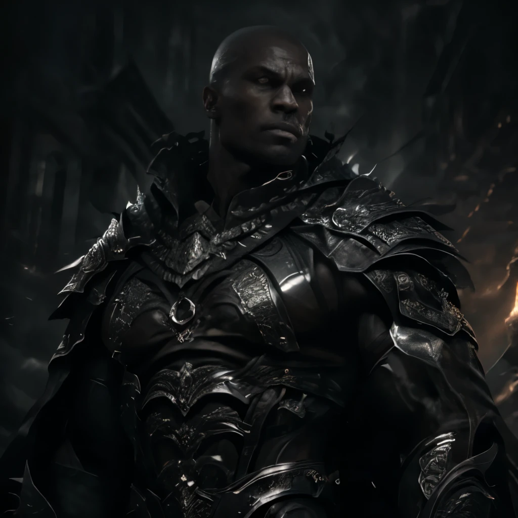 (best quality,4k,8k,highres,masterpiece:1.2), ultra-detailed, (realistic,photorealistic,photo-realistic:1.37), Black man, muscular body, strong and defined muscles, powerful broad shoulders, intense gaze, piercing eyes, chiseled defined jawline, bald head, imposing presence, evil and menacing expression, dark complexion, black armor, shiny and reflective surface, intricately designed, protective layers, sturdy and impenetrable, broad and flowing black cape, billowing in the wind, adding a dynamic effect, dramatic lighting, deep shadows and highlights, emphasizing the muscular physique and fierce expression, dark and intense color palette, predominantly black with hints of red and silver, adding a sense of danger and mystery, intense and ominous atmosphere, creating a sense of tension and suspense, capturing the dark and ominous essence of the character.