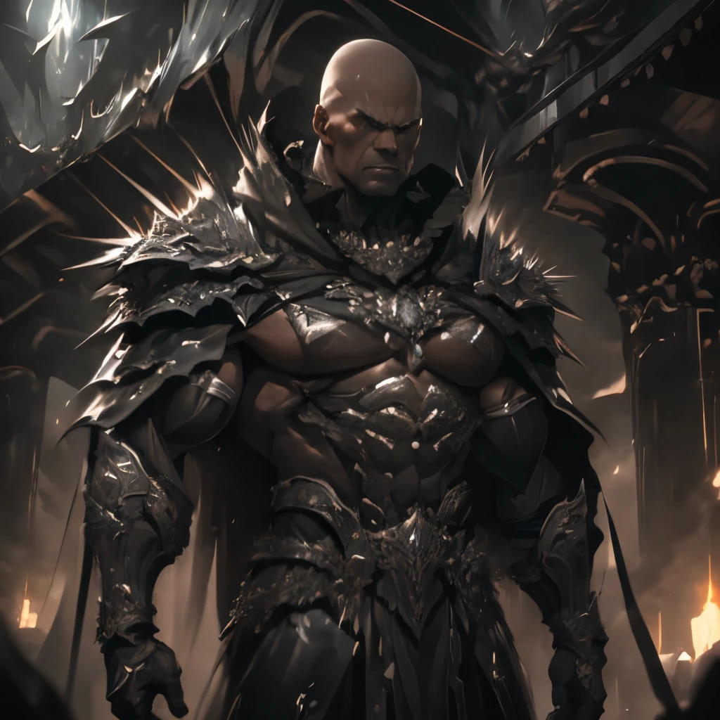 (best quality,4k,8k,highres,masterpiece:1.2), ultra-detailed, (realistic,photorealistic,photo-realistic:1.37), Black man, muscular body, strong and defined muscles, powerful broad shoulders, intense gaze, piercing eyes, chiseled defined jawline, bald head, imposing presence, evil and menacing expression, dark complexion, black armor, shiny and reflective surface, intricately designed, protective layers, sturdy and impenetrable, broad and flowing black cape, billowing in the wind, adding a dynamic effect, dramatic lighting, deep shadows and highlights, emphasizing the muscular physique and fierce expression, dark and intense color palette, predominantly black with hints of red and silver, adding a sense of danger and mystery, intense and ominous atmosphere, creating a sense of tension and suspense, capturing the dark and ominous essence of the character.