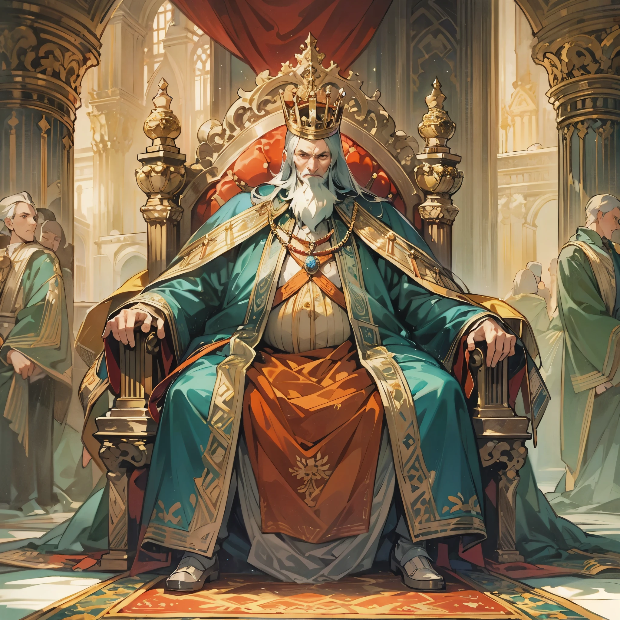 an older man，European medieval royal nobles，king，Wearing gorgeous satin clothes，wearing a crown，Slightly fat body，In the magnificent palace，sit on the throne，Looks very proud and serious。Medium shot composition，full body picture，characters and scenes，Game concept art style，Anime illustration style，watercolor style，Marker style，high-definition，4k。