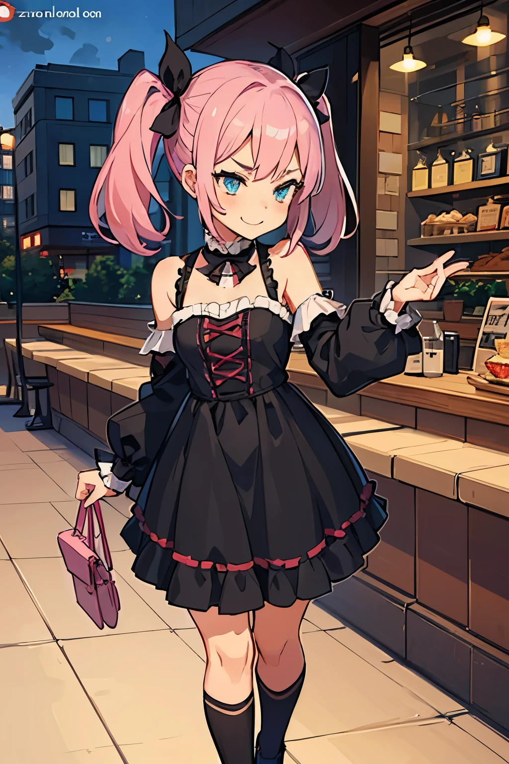 Garota de anime em um vestido preto e cabelo rosa parada na  