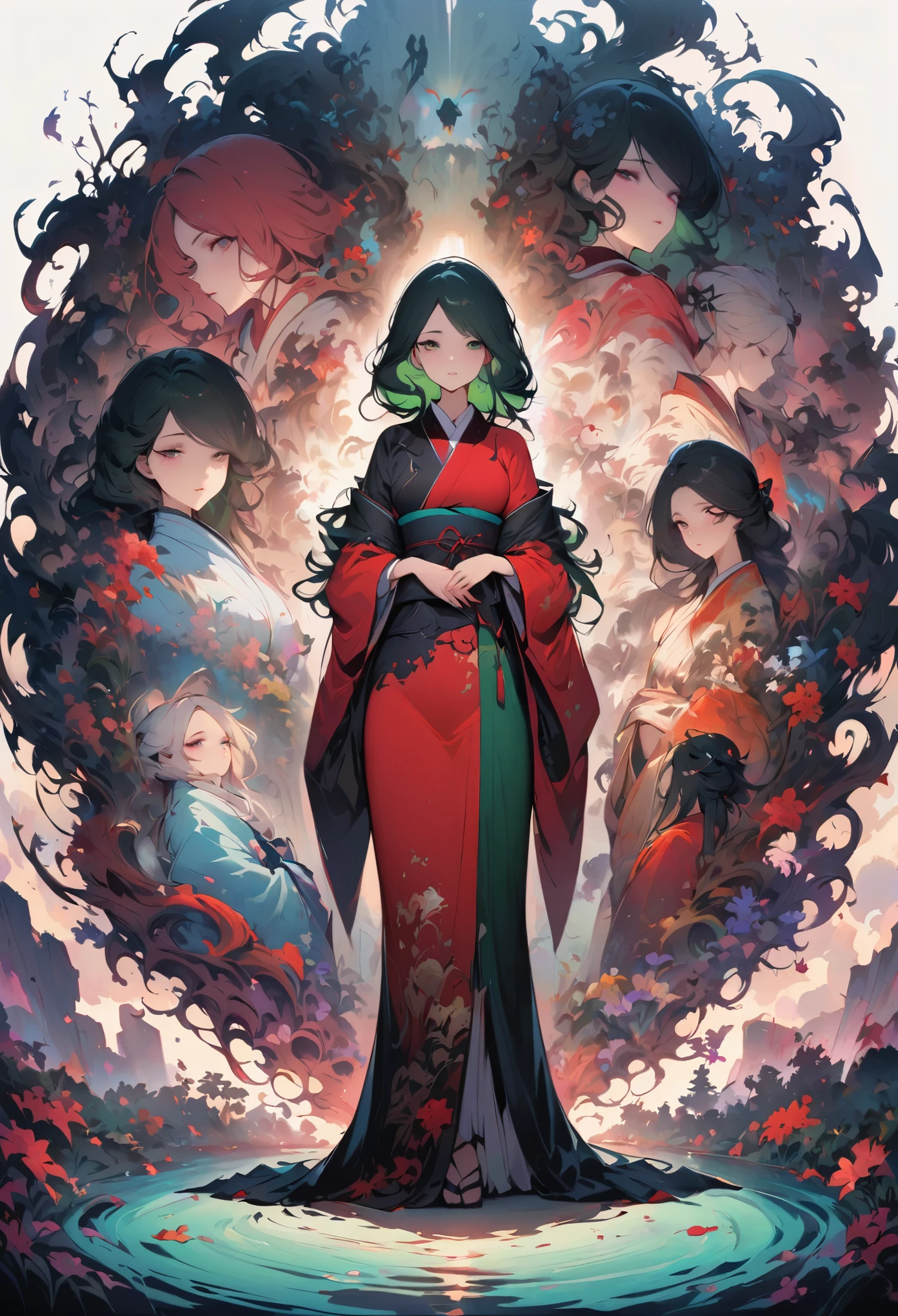 (full body standing painting), alone, masterpiece，best quality，8K，1 girl，dark green hair，best quality，masterpiece，extremely，Eye focus beautiful eyes， Japanese kimono, red licorice, Flowers of Hell，ghost，(White background), background with，masterpiece, best quality at best, revelation, , Beautiful and detailed light, beautiful and delicate eyes, diaphragm, big forehead,Onmyoji Detailed Art, Oriental traditional art style, beautiful style, Ukiyo-style, nightmare reality, Shows shades of red and white，with a hint of black., masterpiece, top quality, best quality, ultra high resolution