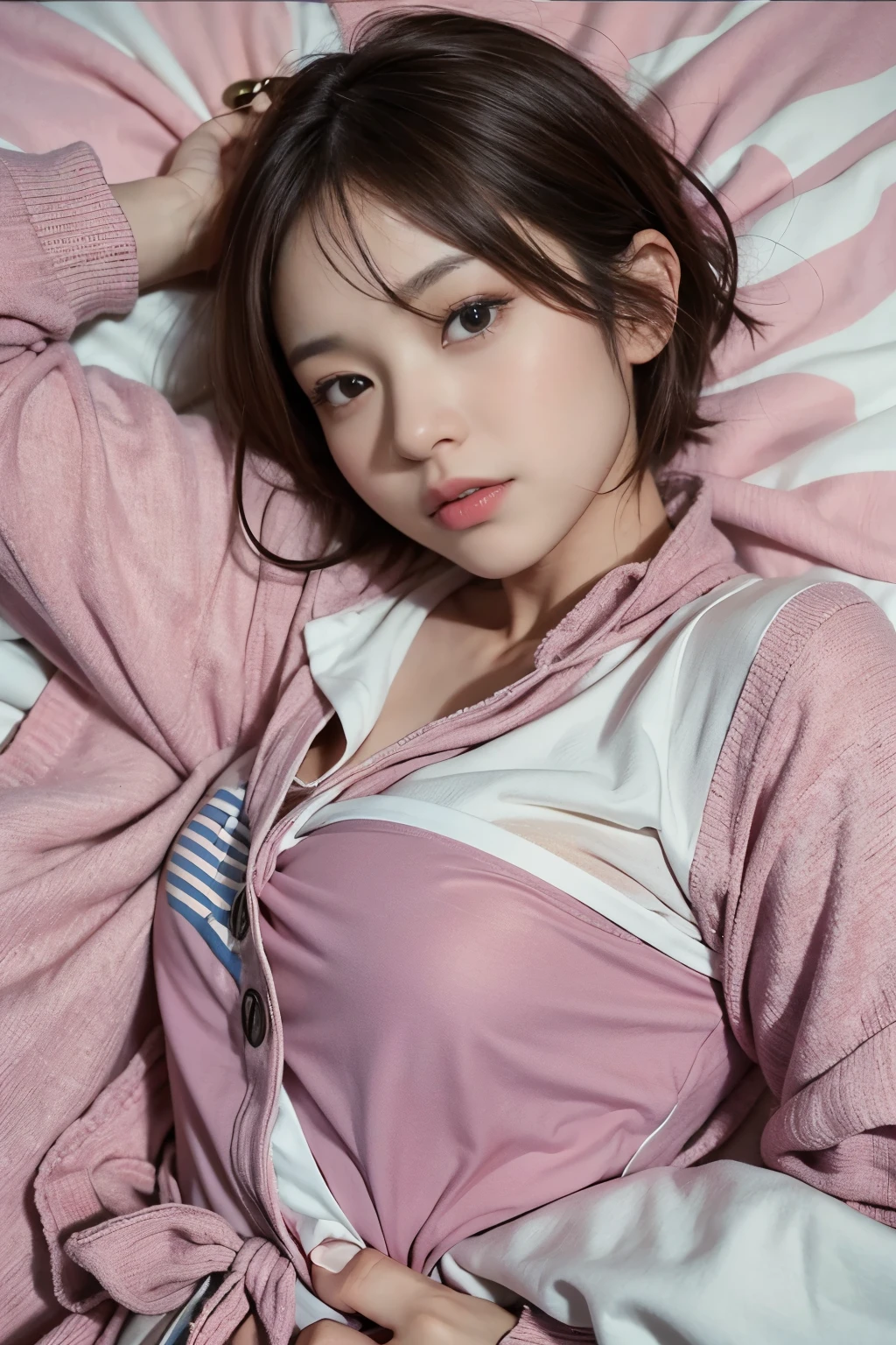 cute 21 year old japanese、night、on the bed、sweat pajamas、Cute colorful pajamas、super detailed face、An eye for detail、double eyelid、beautiful thin nose、sharp focus:1.2、Beauty:1.4、(light brown hair、short cut hair、white skin、highest quality、masterpiece、ultra high resolution、(Photoreal:1.4)、B cup breasts、