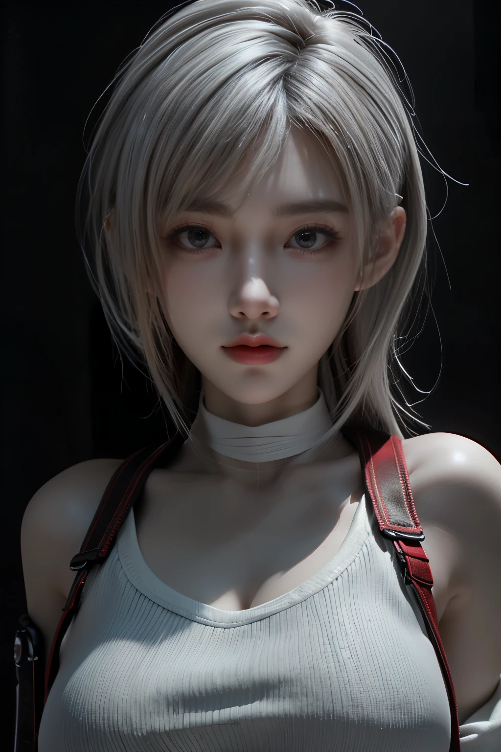 Masterpiece,Game art,The best picture quality,Highest resolution,8K,(A bust photograph),(Portrait),(Head close-up),(Rule of thirds),Unreal Engine 5 rendering works,
20 year old girl,Short hair details,With long bangs,(white hair),red eyes,Elegant and elegant,(Large, full breasts),(Wearing a white coat,Red suspender underwear),shut your mouth,serious yet charming,(scholar),photo poses,Sci-fi style laboratory,white room,
Movie lights，Ray tracing，Game CG，((3D Unreal Engine))，OC rendering reflection pattern