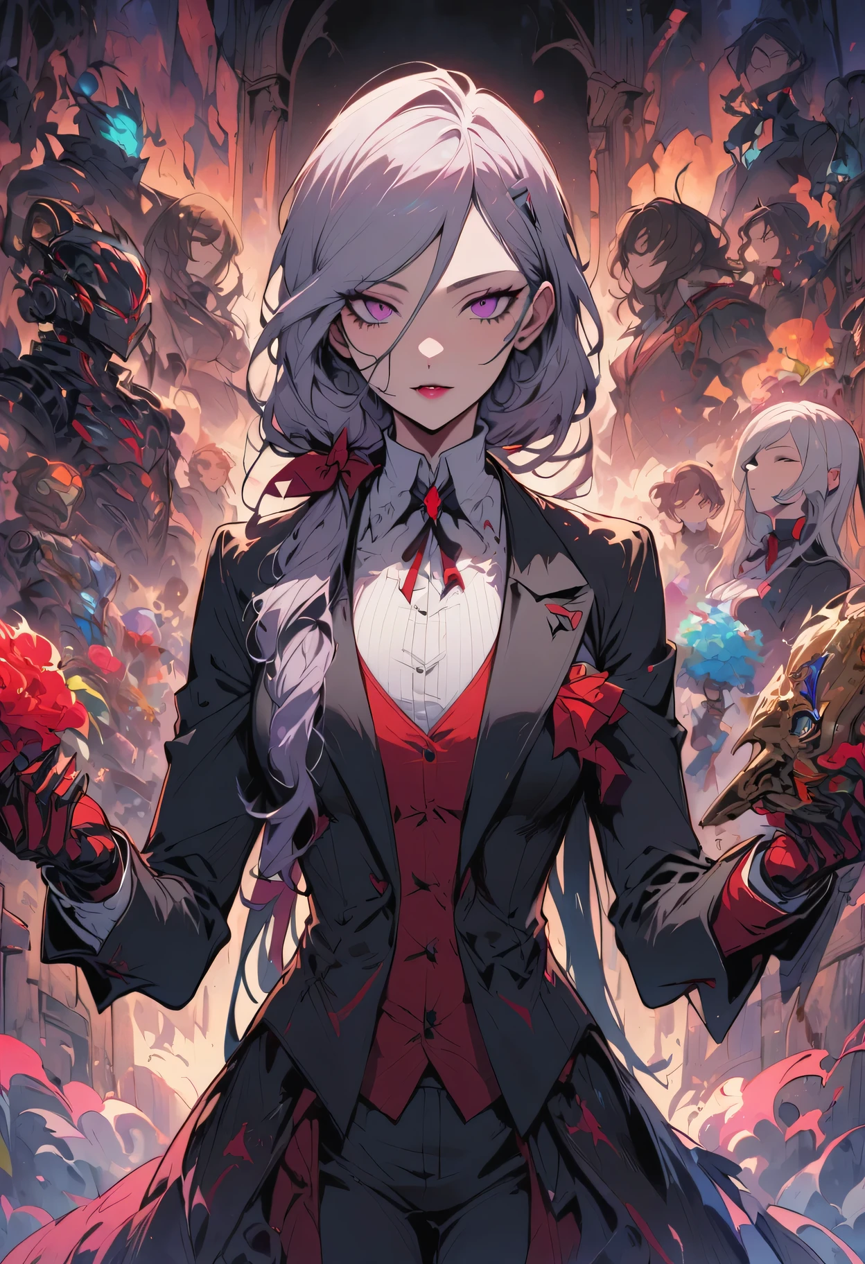 cybernetic female vampire,Female vampire robot butler, metal mechanical surface，mechanical prefix，A butler wearing a butler is responsible for handling various household chores，