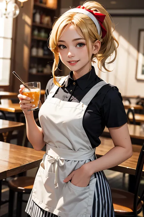 a waitress girl wearing a red and white striped apron, a white headband, a blonde ponytail, a hairpin, a bright smile, red cheek...