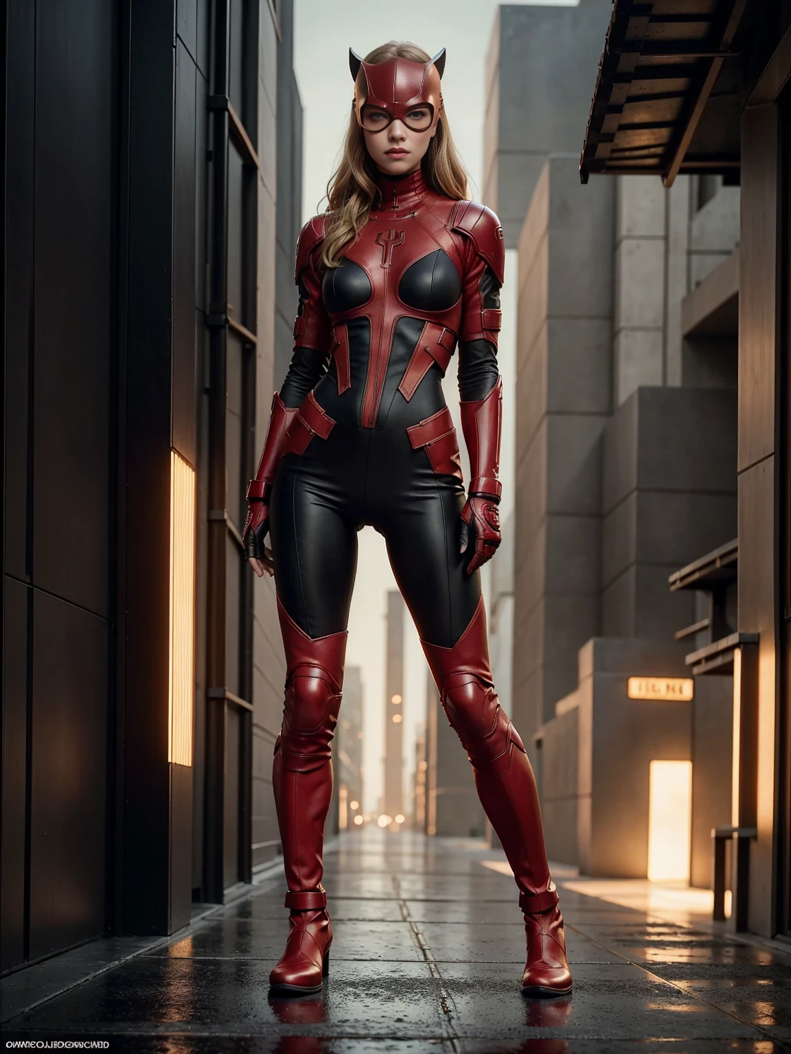 ((full body photo, standing, feet on the ground)) Amanda Seyfried as Daredevil, wears red, black and gold Daredevil cyberpunk armor, dynamic pose, cleavage, pinching, camel toe, pubic shape clearly visible, partially visible, proper eye position, specific skin texture, natural skin, backlight, cinematic light, soft light, hips, night time, on the roof, city background, graduated background in developed cores, intricate, highly detailed, rendering octane, high definition, 8k

