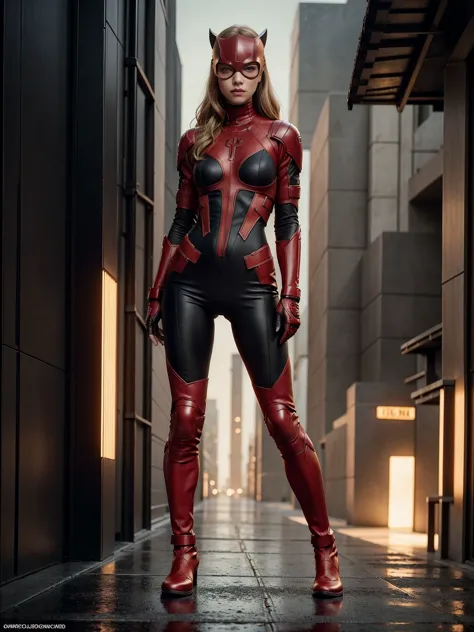 ((full body photo, standing, feet on the ground)) Amanda Seyfried as Daredevil, wears red, black and gold Daredevil cyberpunk ar...