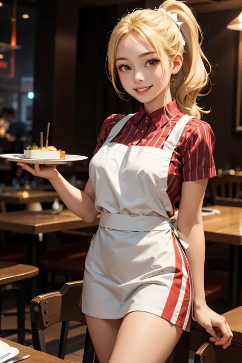 a waitress girl wearing only a red and white striped apron, white headband, blonde ponytail, hairpin, dazzling smile, red cheeks...