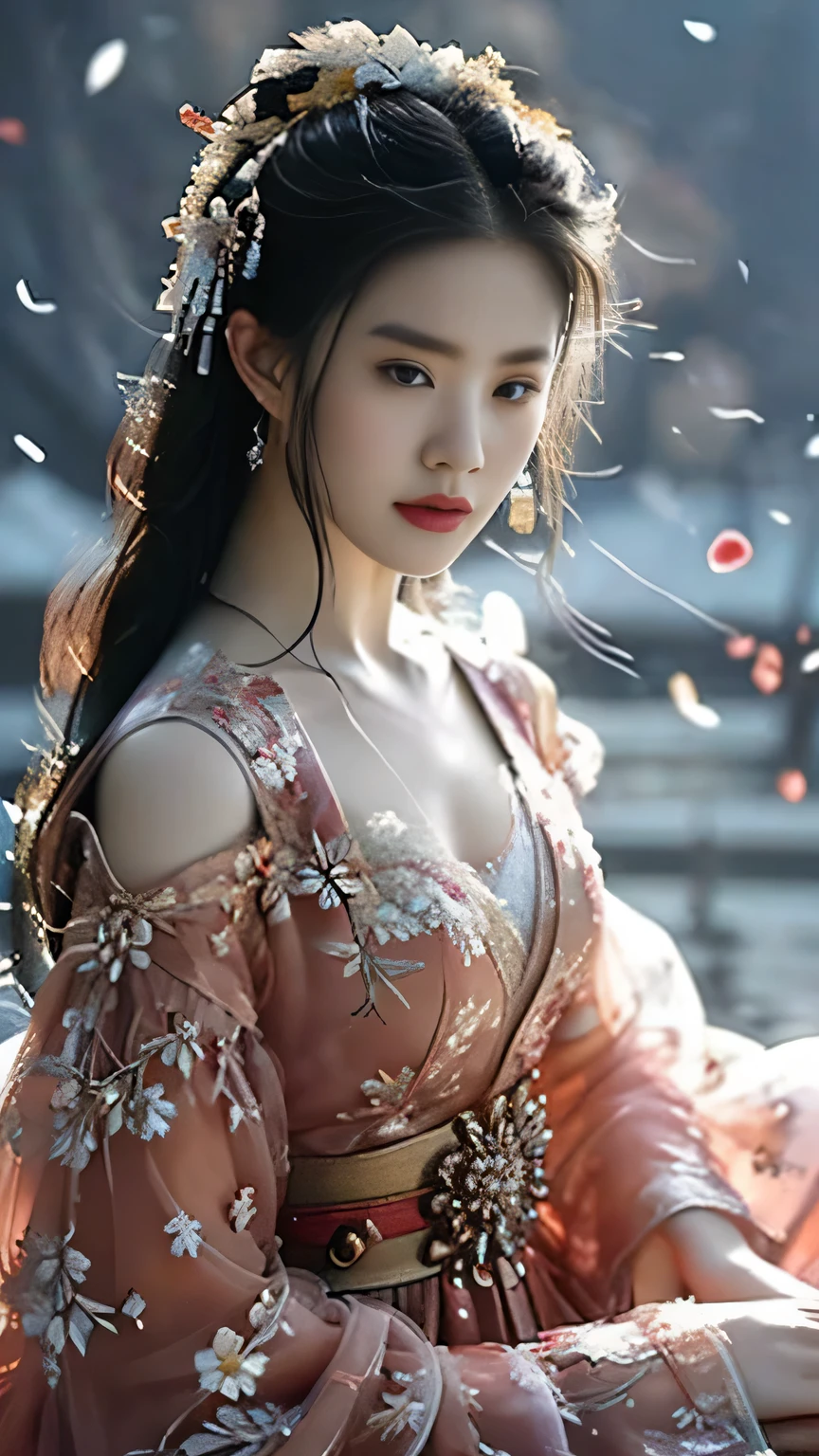 Gyeongbokgung，atlantis，beauty，Yue Wang Gou Jian sword，martial arts，air condensation，Blowing flowers，snowstorm，best quality, master, High resolution, wuxia 1girl,Delicate tulle garments，Sophisticated tulle dress, 超级beauty的脸, 超级beauty的眼睛, Super beautiful hair 超级beauty的脸，Super beautiful eyes，Super beautiful hair，Cloud sideburns，