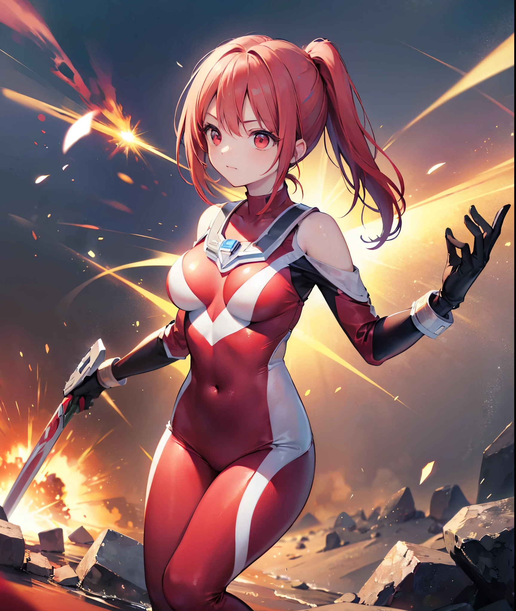 realistic,highest quality, ultra detail, High quality CG drawing, The most delicate and beautiful, Floating gently, High resolution, (1 girl), (Highest image quality,4K,8K,masterpiece:1.2),(all red hair:1.5), (short ponytail:1.5),(red eyes:1.5),  (ultra girl:1.0), (red ultraman bodysuit:1.4),(slightly bigger breasts:1.5), red gloves,
