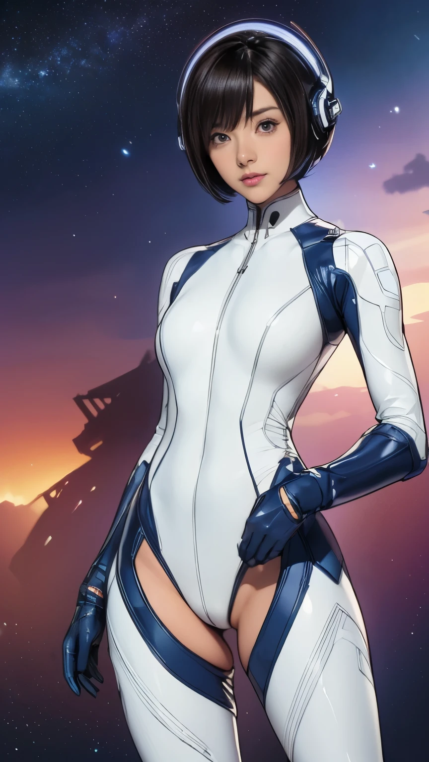 (masterpiece、highest quality、highest resolution、clear_image、Detailed details): (full body figure、15 year old girl、Japanese face、small face、thin、navy blue super short bob cut hair、blue colored eyes、((navy long sleeve space suit、space helmet))、headset、cosmic handbag、cute type、gentle smile、soft expression、headset、(((knee high boots)))、gloves up to the elbow、eye level shot、face directly、woman on a spaceship), (((camel toe))), ((Pure white leotard))