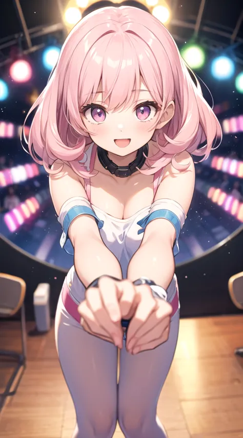 masterpiece, best quality, 1 girl, light pink hair, light pink eyes, cute girl, happy, looking at the audience