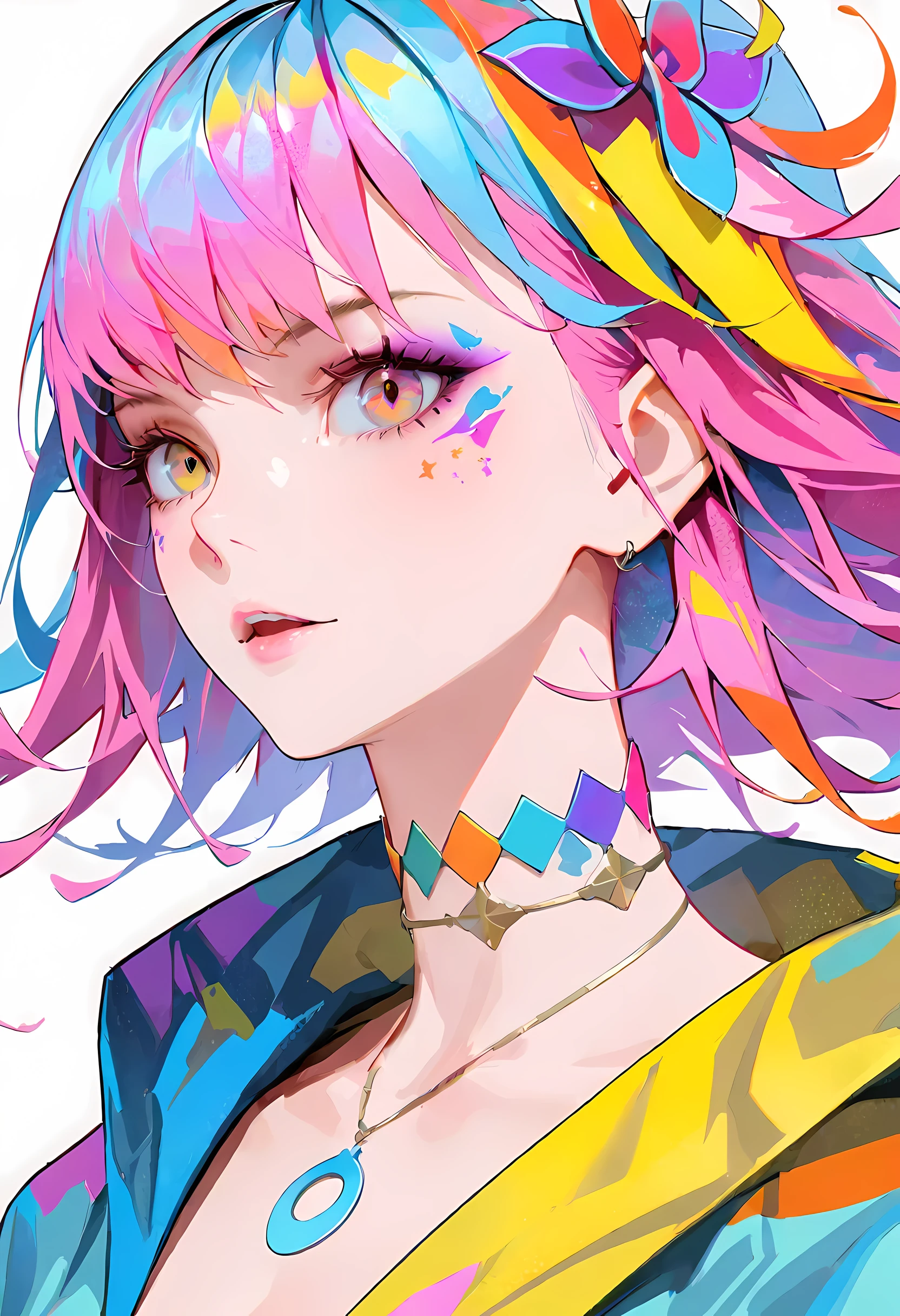 Close-up of a woman with colorful hair and necklace, Cosmic hair anime girl, Rossdraws Soft Vibrancy, Gurwitz style artwork, fantasy art style, colorful], Vibrant fantasy style, Rossdraws cartoons are vibrant, cosmic and colorful, guweiz, colorful digital fantasy art, Stunning art style, Beautiful anime style, glowing hair