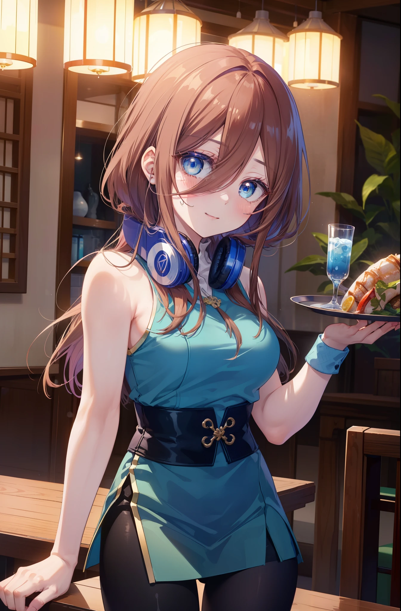 Miku Nakano, miku nakano pollito iii, pelo largo, golpes, blue eyes, Pelo castaño, pelo entre los ojos, sonrisa,rubor,auriculares alrededor del cuello,cheongsam azul sin mangas,falda larga azul con abertura,medias de red,Tacones de aguja,interior, resto, alimento, beber, mesa y sillas, limpieza, bandeja, bandeja in one hand
break interiors, restaurante de estilo chino,
DESCANSO mirando al espectador, (tiro de vaquero:1.5), (parte superior del cuerpo:1.5),
break (Obra maestra:1.2), de la máxima calidad, alta resolución, fondo de pantalla de unidad 8k, (cifra:0.8), (ojos detallados y hermosos:1.6), Cara muy detallada, iluminación perfecta, CG muy detallado, (manos perfectas, anatomía perfecta),