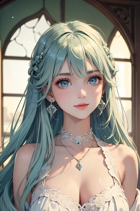 (1girl), ((masterpiece, highest resolution,best quality)), (beautiful illustration),(semi long beautiful silver green hair),(bea...