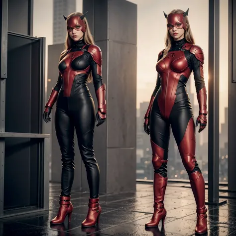 ((Full body photo,standing, feet on the ground))  2girl, Amanda Seyfried as Daredevil, wearing cyberpunk red, black and gold Dar...