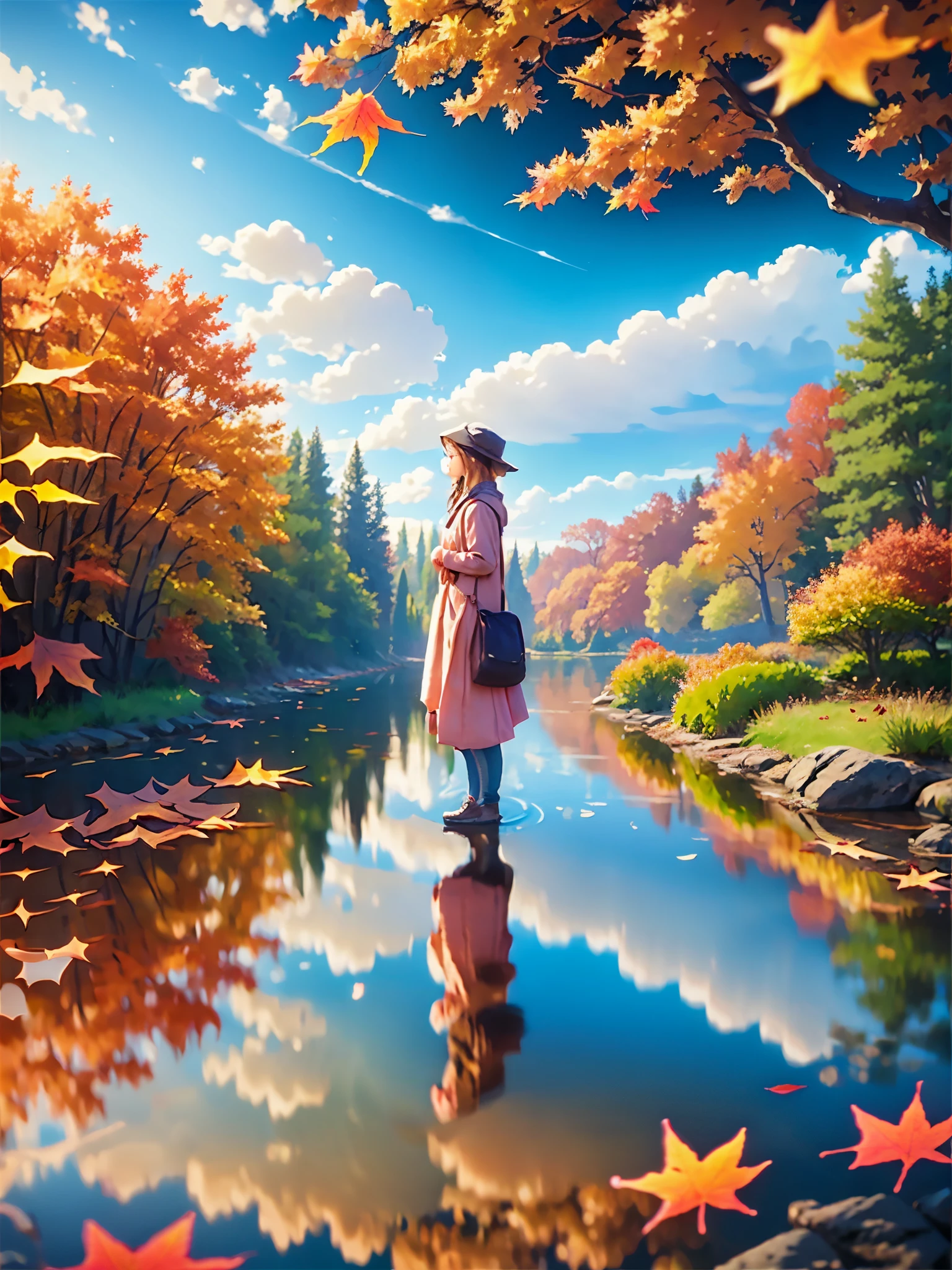 Autumn scenery and girl reflected on the lake surface