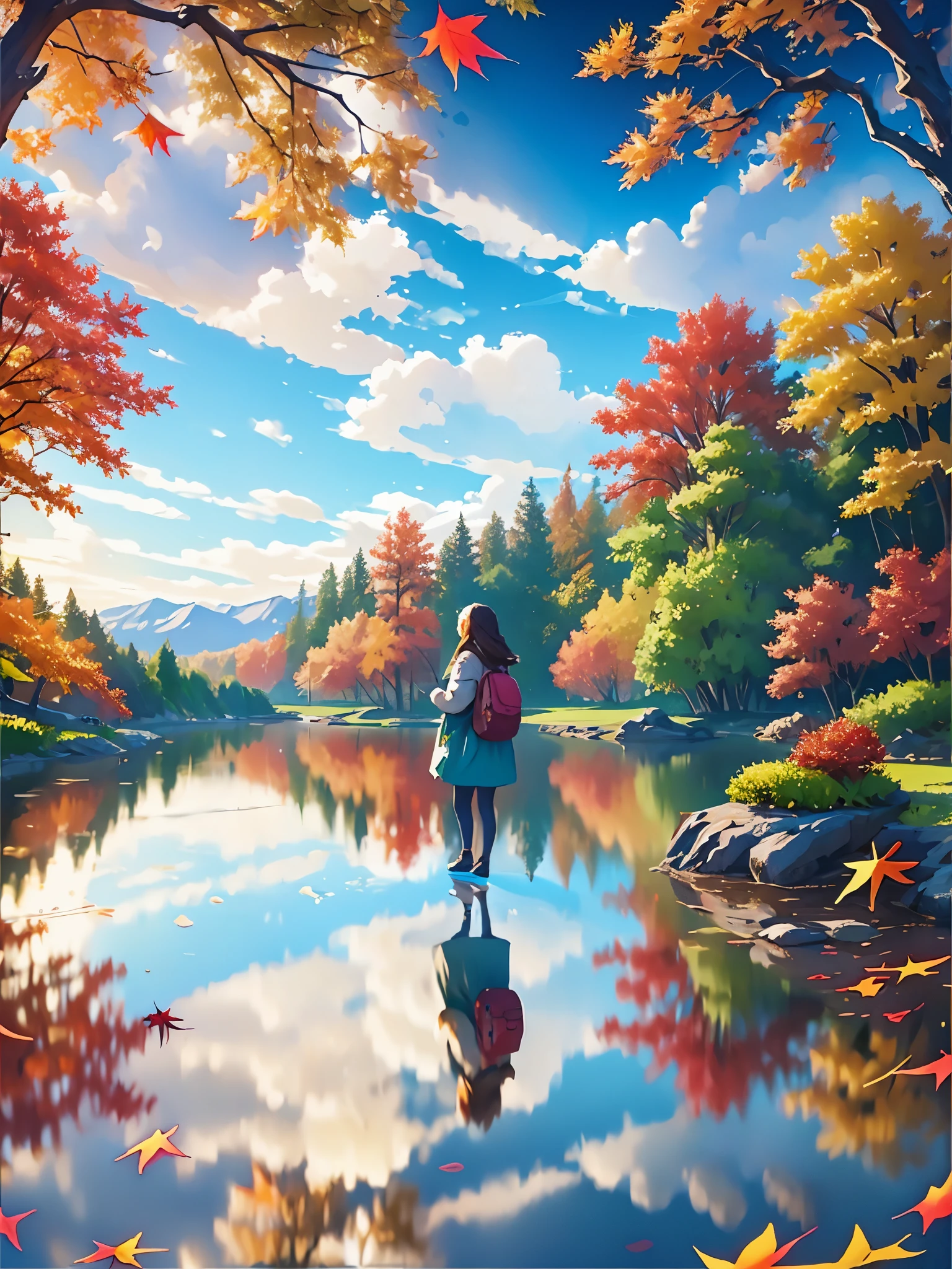 Paysage d&#39;automne et fille réfléchie sur la surface du lac