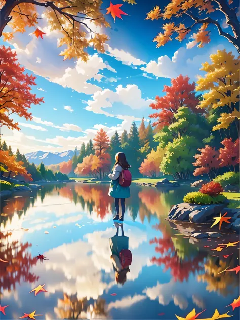 Autumn scenery and girl reflected on the lake surface