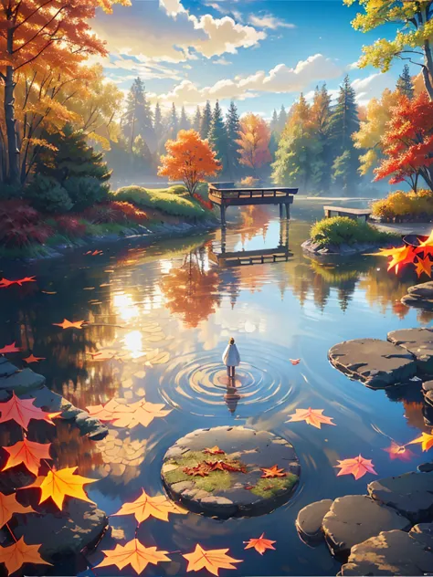 (best quality,4k,8k,highres,masterpiece:1.2),ultra-detailed,realistic,autumn scenery,girl reflected on lake surface,colorful lea...