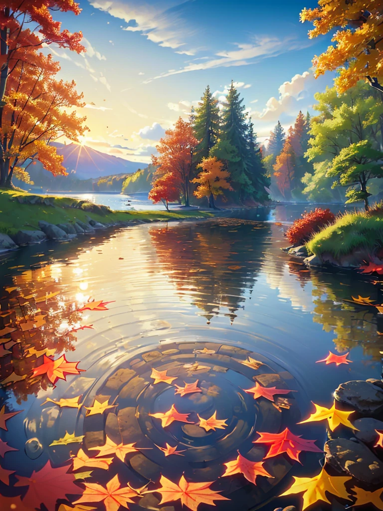 (best quality,4k,8k,highres,masterpiece:1.2),ultra-detailed,realistic,autumn scenery,girl reflected on lake surface,colorful leaves,floating in the water,golden sunlight filtering through trees,peaceful atmosphere,serene expression on girl's face,red and orange hues,crimson reflections on the lake,gentle breeze rustling leaves,ripples on the water's surface,warm sweater and jeans,holding a cup of hot tea,fallen leaves carpeting the ground,small wooden dock extending into the lake,soft light illuminating the scene,endless horizon of trees against the blue sky,tranquil ambiance,harmony with nature.