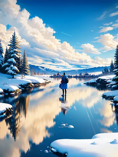 winter scenery and girl reflected on the lake surface