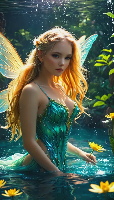 Blonde with long hair, full length water fairy