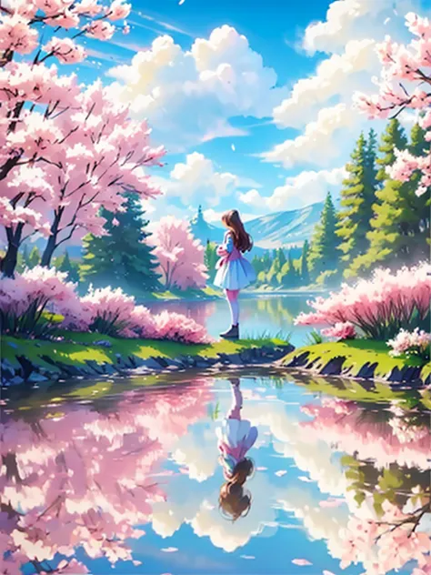 spring scenery and girl reflected on the lake surface