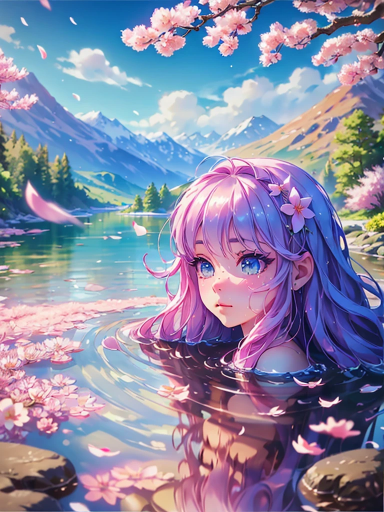 best quality,4k,8k,highres,masterpiece:1.2,ultra-detailed,realistic:1.37,spring scenery and girl reflected on the lake surface,beautiful detailed eyes,beautiful detailed lips,extremely detailed eyes and face,long eyelashes,greenery, vibrant flowers,gentle sunlight,serene atmosphere,mild breeze,splashing water droplets,floating cherry blossom petals,soft ripples on the lake,flowing water,sparkling reflections,tranquil morning,majestic mountains in the background,immaculate blue sky,peaceful lakeside,colourful spring dress,flowing hair,tactile grass texture,photorealistic landscape,painting-like quality,soft pastel colors,picturesque view,harmonious composition,subtle lighting,peaceful ambiance,serene expression,reflective mood