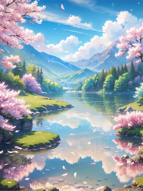 best quality,4k,8k,highres,masterpiece:1.2,ultra-detailed,realistic:1.37,spring scenery and girl reflected on the lake surface,b...