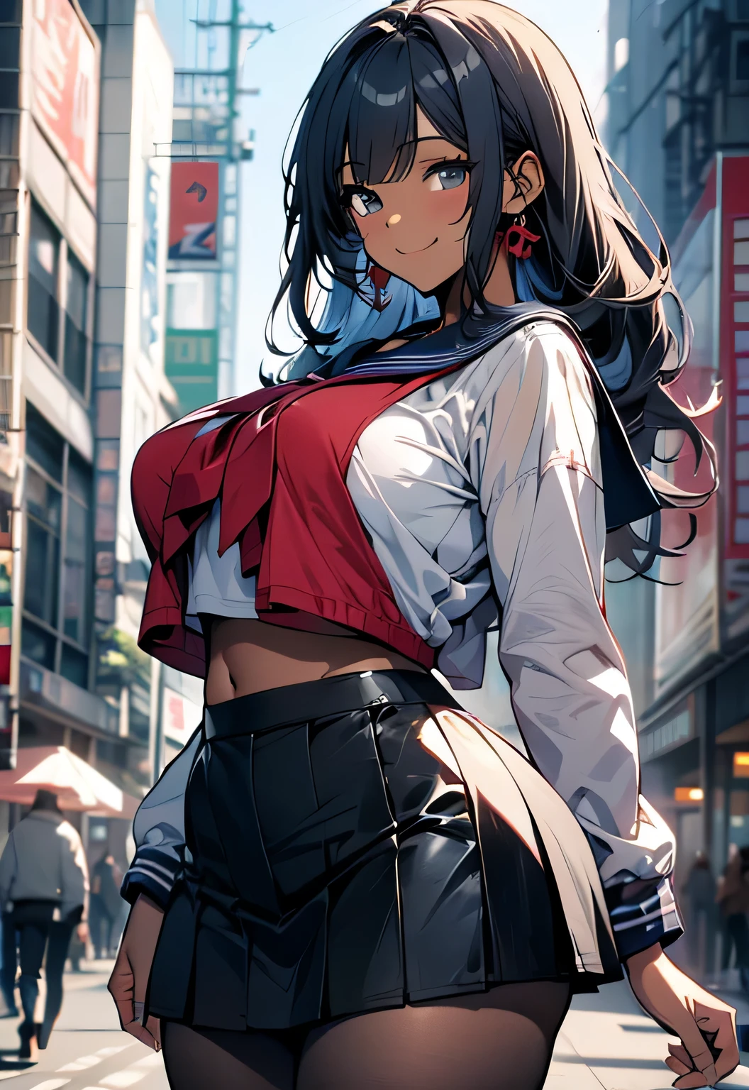 Erotic Anime Illustration、High resolution、Smiling dark-skinned plump high school girl、sailor suit、mini skirt、gray hair、beautiful eyes、perfect proportions、reimu hakurei、Overwhelming big breasts that go beyond common sense、thick legs with fat、busy street、cowboy shot