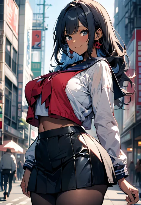 Erotic Anime Illustration、High resolution、Smiling dark-skinned plump high school girl、sailor suit、mini skirt、gray hair、beautiful...