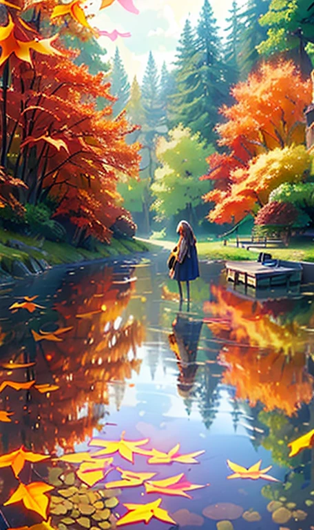 (best quality,4K,8K,high resolution,masterpiece:1.2),Super detailed,actual,autumn scenery,Girl reflected in the lake,colorful leaves,floating in water,Golden sunlight shines through the trees,peaceful atmosphere,Calm expression on girl&#39;s face,red and orange hues,Deep red reflection on the lake,Breeze，leaves rustling,The surface of the water ripples,Warm sweater and jeans,Holding a cup of hot tea,Fallen leaves covered the ground,Small wooden pier extending into the lake,Soft lighting illuminates the scene,Endless horizon of trees against blue sky,peaceful atmosphere,get along with nature.