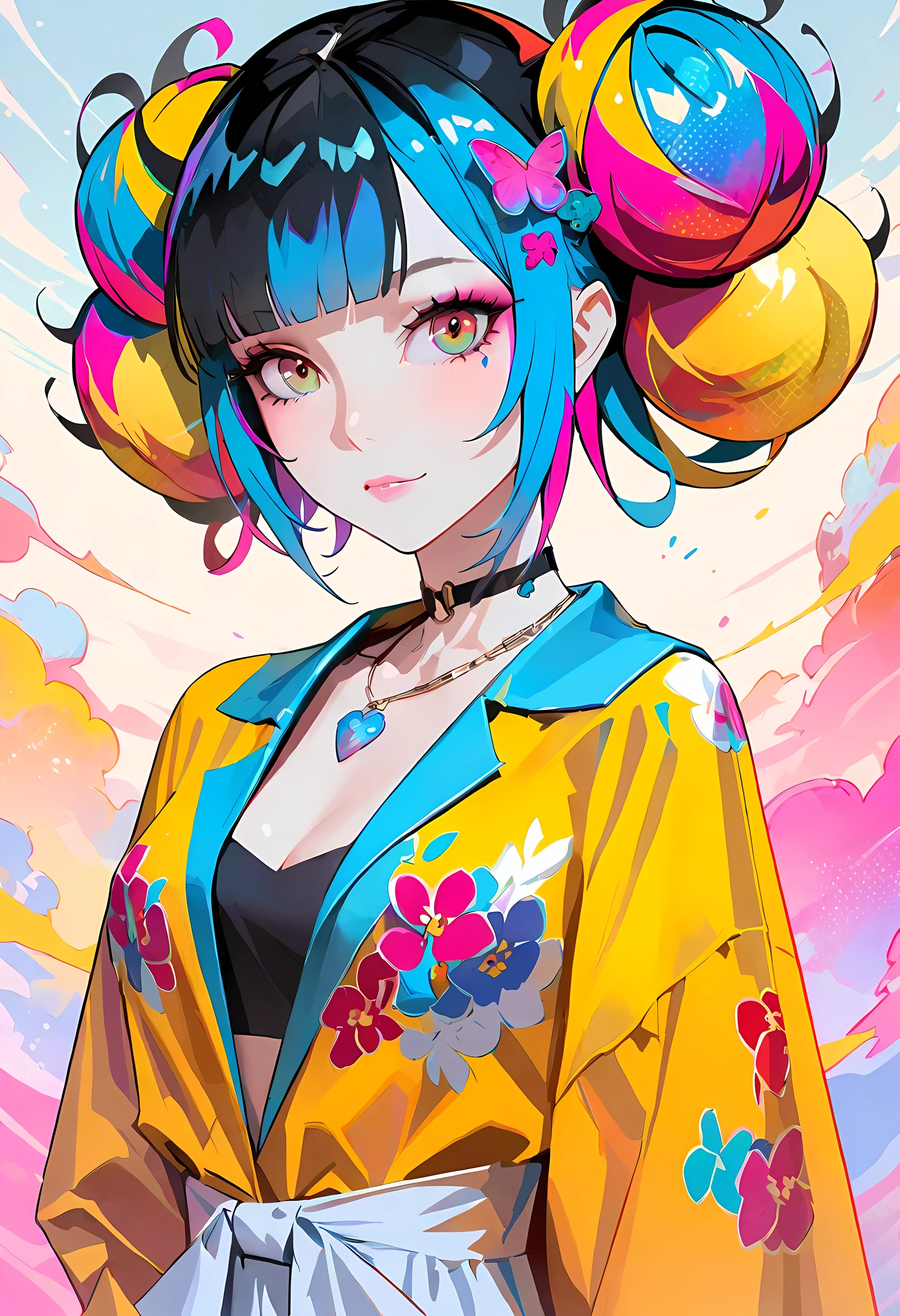 Close-up of a woman with colorful hair and necklace, Cosmic hair anime girl, The soft vibrancy of Rossdraws, Gouves style artwork, fantasy art style, colorful], Vibrant fantasy style, Rossdraws cartoon full of energy, cosmic and colorful, guweiz, colorful digital fantasy art, Stunning art style, Beautiful anime style, White skin, pajamas,