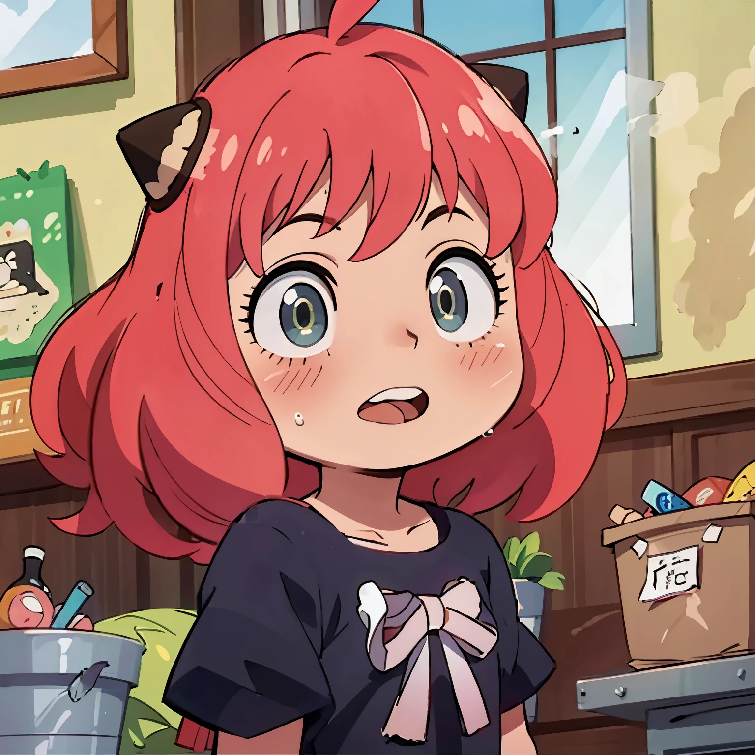 Anime girl with red hair and a black shirt in a kitchen - SeaArt AI