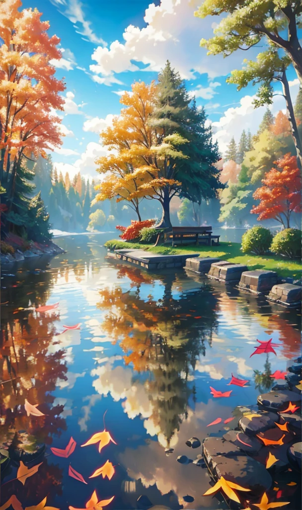 (best quality,4K,8K,High resolution,masterpiece:1.2),super detailed,actual,autumn scenery,Girl reflected in the lake,colorful leaves,floating in water,Golden sunlight shines through the trees,peaceful atmosphere,The girl's expression was calm&#39;s face,red and orange hues,Deep red reflection on the lake,breeze，leaves rustling,Ripples on the water,Warm sweater and jeans,Holding a cup of hot tea,Fallen leaves covered the ground,Small wooden pier extending into the lake,Soft lighting illuminates the scene,The endless trees against the blue sky and white clouds,peaceful atmosphere,get along with nature.