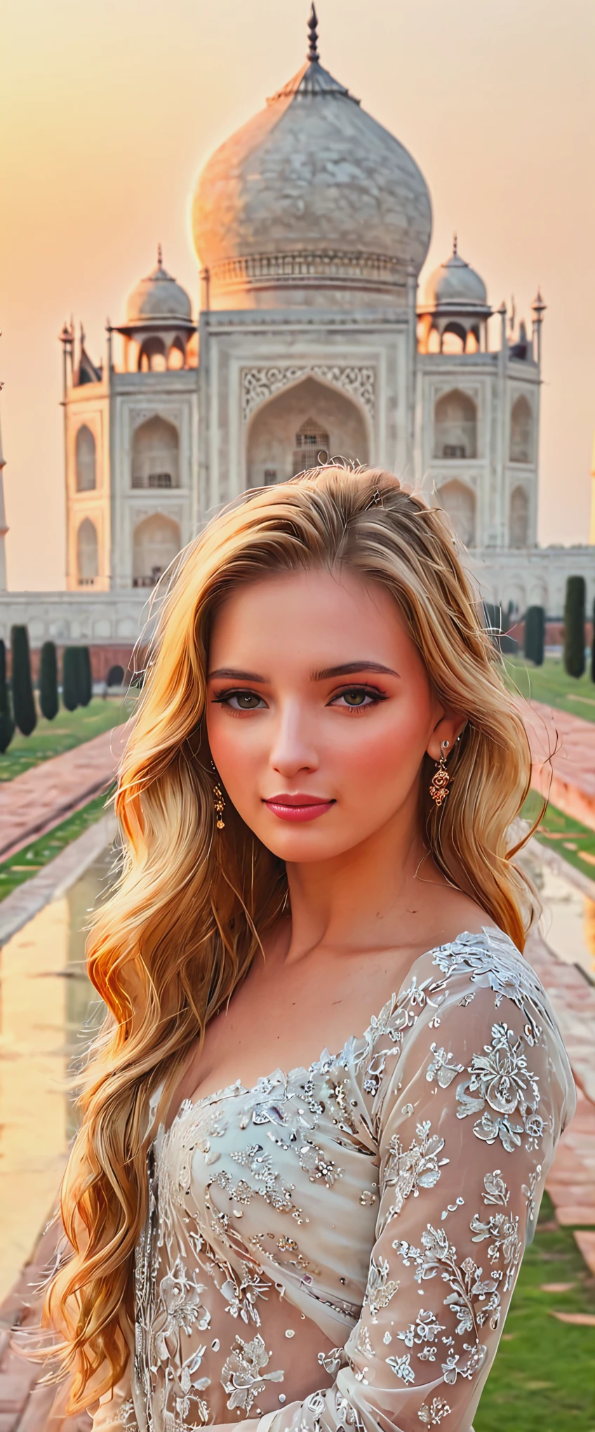 blonde with long hair next to the Taj Mahal