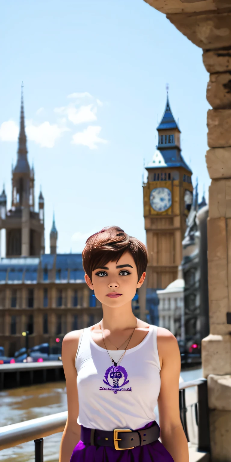 Foto de una chica europea de 17 años., .CRUDO, mujer muy hermosa,pecas en mejillas ,hermosos  ojos azules(Corte de pelo duendecillo de cabello castaño claro),corte de cabello pixie ((retrato)), ((Cara detallada:1.2)), ((Características faciales detalladas)), (Piel Finamente detallada), piel pálida,parque, Noria de Londres、Camiseta morada sin mangas con imagen de calavera ,senos grandes , Imágenes de falda lila con cuadros, cinturón blanco suelto, botas largas con tacon ,lindo maquillaje, sombras de ojos moradas en los párpados. ,un sexy(color frio), Húmedo, Húmedo, ReFlectores, (mesa) (proporciones perFectas)(Fotos Realistas)(La mejor calidad) (Detallado) FotograFiado con una EOS R5 de Canon, lente de 50 mm, F/2.8, nffsw, (8K) (papel tapiz) (iluminación cinematográfica) (iluminación dramática) (enfoque nítido) (Enrevesado) moda