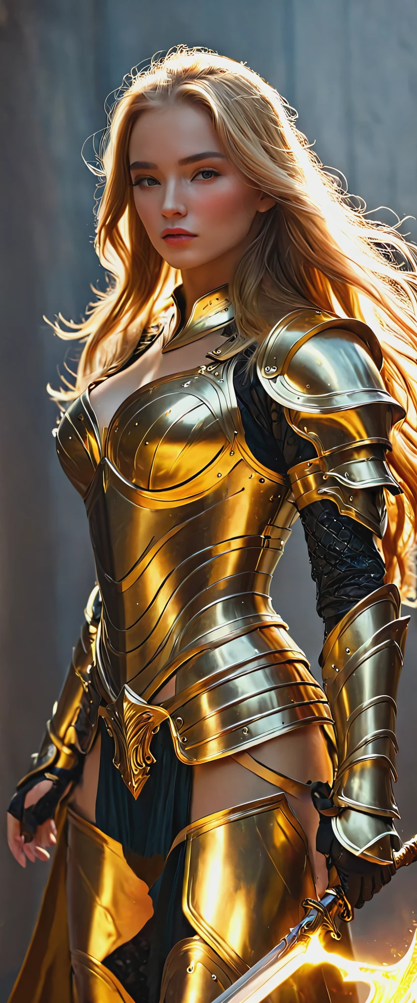 Rubia con pelo largo con armadura dorada de cuerpo entero. 