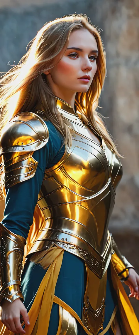 blonde with long hair in golden armor full length