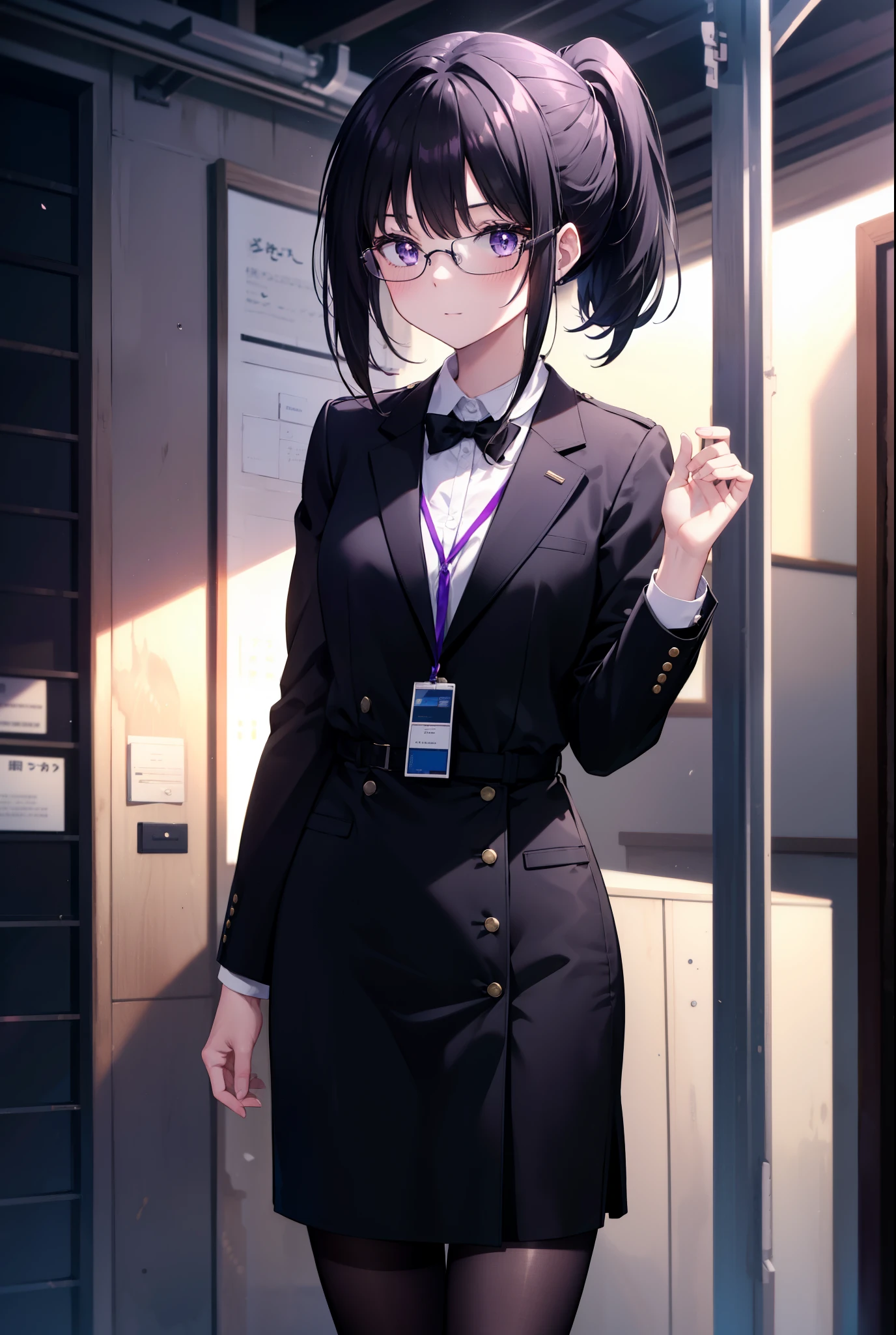 Takiuchi Kame, check it out, short hair, bangs, ponytail, black hair, (purple eyes:1.2),
OL, Black Abyss glasses, end, black suit jacket, collared jacket, white dress shirt, collared shirt, neckline, button, strap, ID card on neck, black pencil skirt, black pantyhose, smile, blush, stiletto heels,walking,noon,視聴者を見ている
break outdoors,In town,building street ,
break looking at viewer, (cowboy shot:1.5),
break (masterpiece:1.2), highest quality, High resolution, unity 8k wallpaper, (figure:0.8), (detailed and beautiful eyes:1.6), highly detailed face, perfect lighting, Very detailed CG, (perfect hands, perfect anatomy),