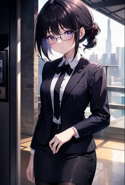 Takiuchi Kame, check it out, short hair, bangs, ponytail, black hair, (purple eyes:1.2),
OL, Black Abyss glasses, end, black sui...