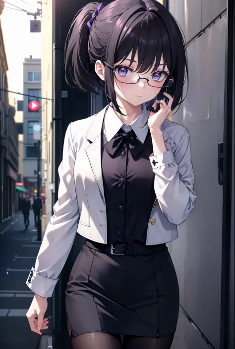 takiuchi kame, check it out, short hair, bangs, ponytail, black hair, (purple eyes:1.2),
ol, black abyss glasses, end, black sui...