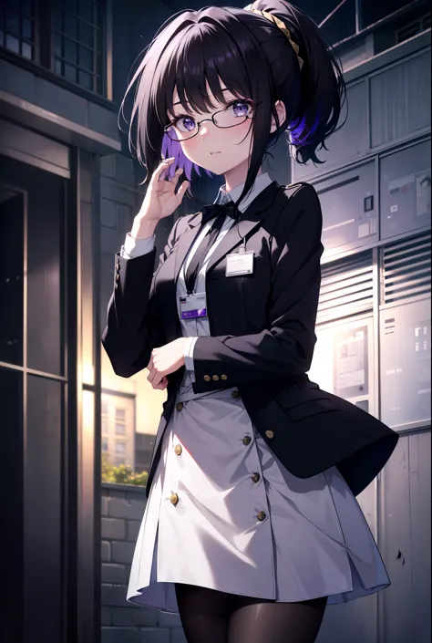 takiuchi kame, check it out, short hair, bangs, ponytail, black hair, (purple eyes:1.2),
ol, black abyss glasses, end, black sui...