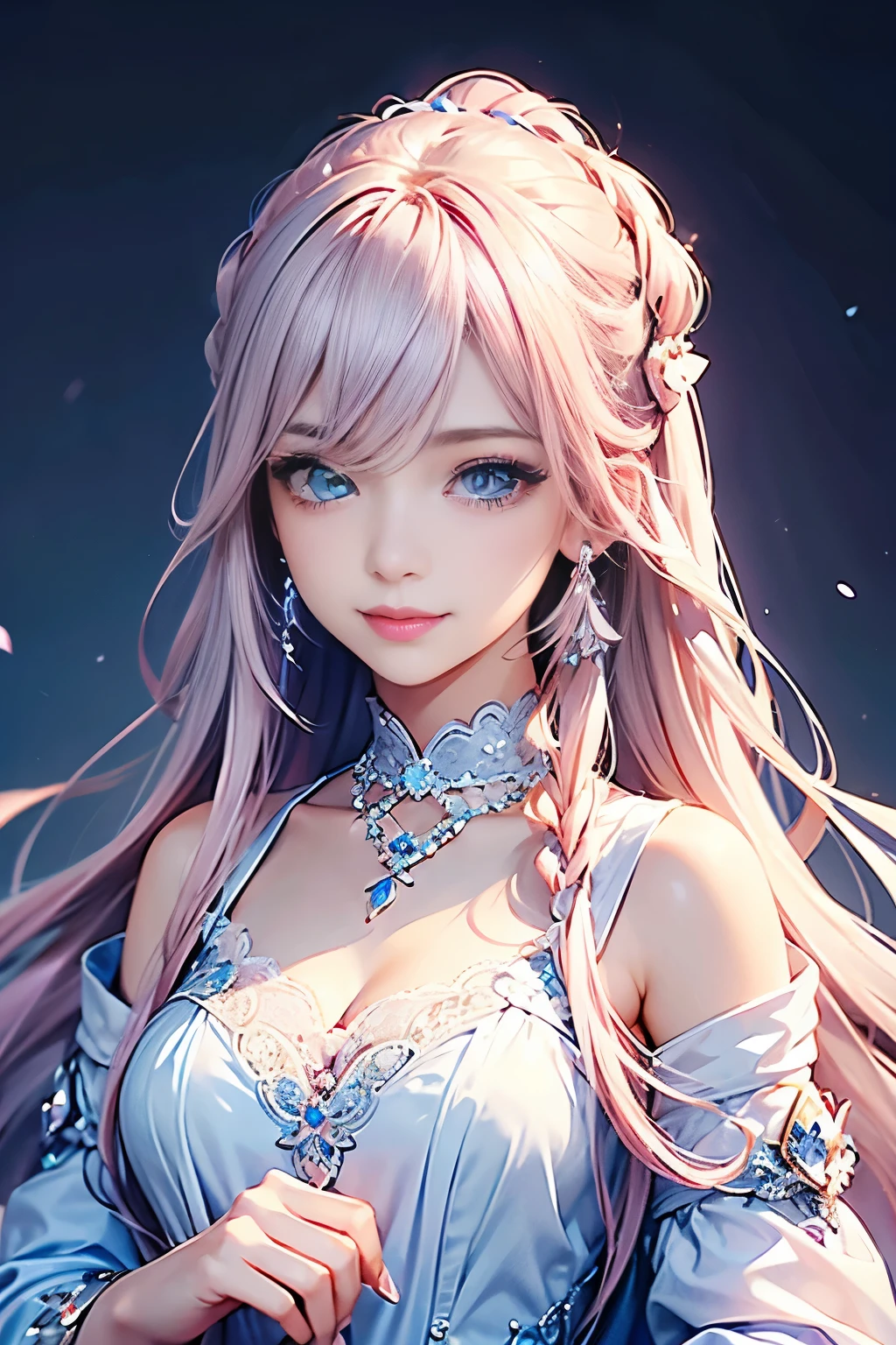 (1girl), ((masterpiece, highest resolution,best quality)), (beautiful illustration),(semi long beautiful silver pink hair),(beautiful blue eyes),face,(looking at the viewer),very cute, innocent smile,Lace chalker, diamond necklace,earrings,
