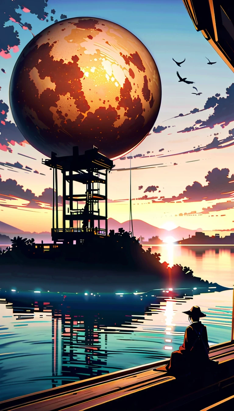 In this anime scene，A Chinese swordsman sits on the bow of an ancient ship，He wears black armor and hat，head resting on one arm。The huge sun in the sky shines brightly，The clouds show a gradient of lavender and white，Create a spectacular sunset scene。The boat sails slowly on the calm water，Buildings in the distance are illuminated by the setting sun，Adds a sense of mystery。Birds soar through the air，Add movement to the picture。The overall atmosphere is peaceful and mysterious，Be one with nature、with artistic elements，Presenting scenes that are both real and surreal。close-up composition，Character and ship alignment，depth of field。