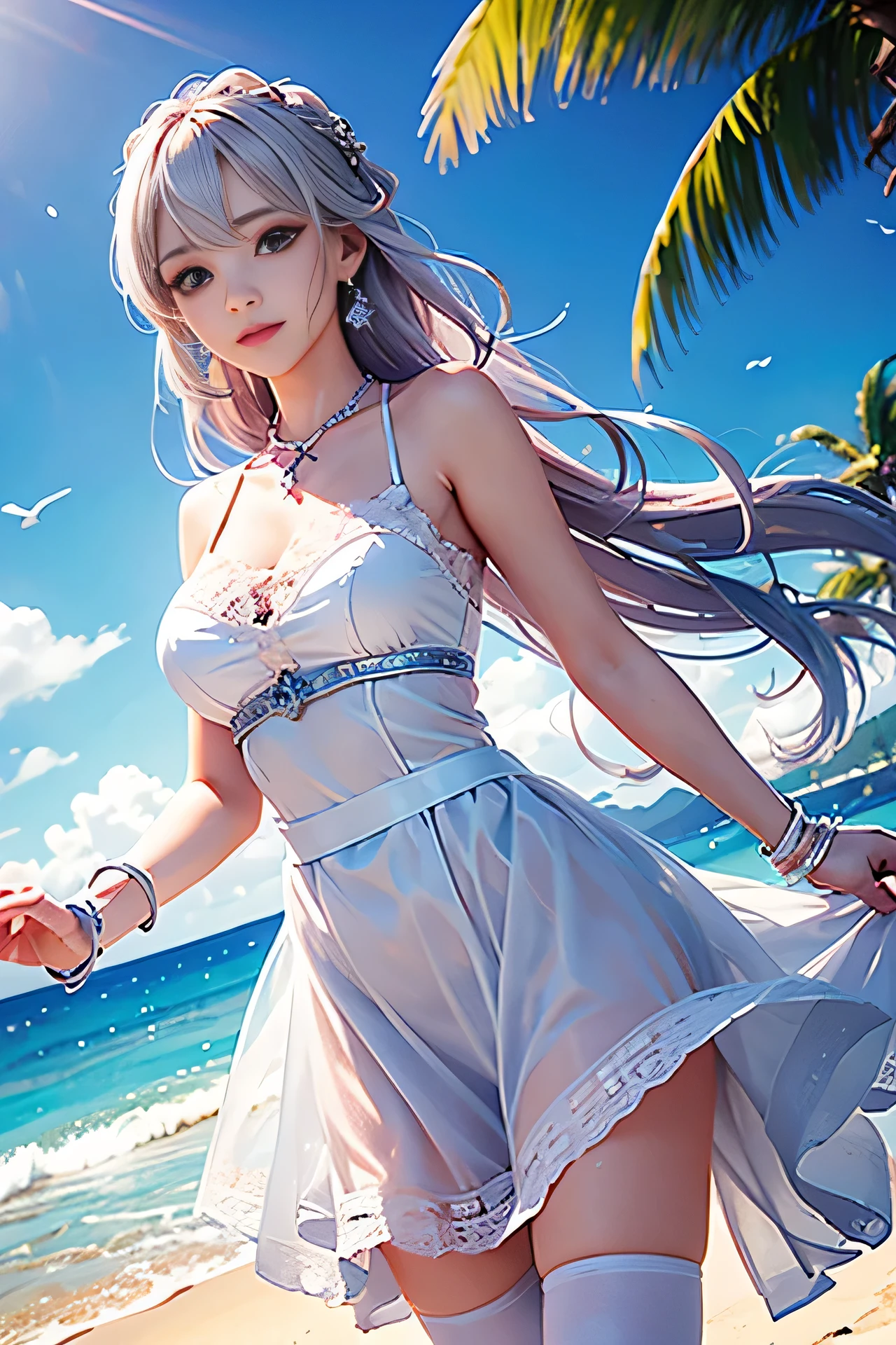 Low - Angle,from below,very the wind is strong,skirt lift,panty shot
(1 girl), ((masterpiece, highest resolution,highest quality)), (beautiful illustrations),(Beautiful silver pink semi-long hair),(beautiful blue eyes), (White elegant see-through camisole), (looking at the viewer),
 innocent smile, white over knee high,lace chalk, Wristband, fingerless gloves, over knee high,
lace chalk, diamond necklace,Wristband, fingerless gloves, earrings, the wind is strong,cinematic lighting, beach, sand, blue sky, Wave, Palm tree,