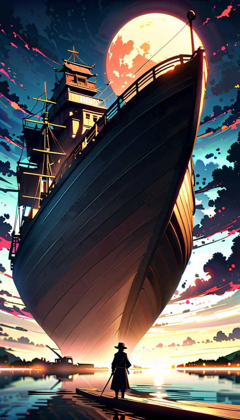 In this anime scene，A Chinese swordsman sits on the bow of an ancient ship，He wears black armor and hat，head resting on one arm。The huge sun in the sky shines brightly，The clouds show a gradient of lavender and white，Create a spectacular sunset scene。The boat sails slowly on the calm water，Buildings in the distance are illuminated by the setting sun，Adds a sense of mystery。Birds soar through the air，Add movement to the picture。The overall atmosphere is peaceful and mysterious，Be one with nature、with artistic elements，Presenting scenes that are both real and surreal。close-up composition，Character and ship alignment，depth of field。